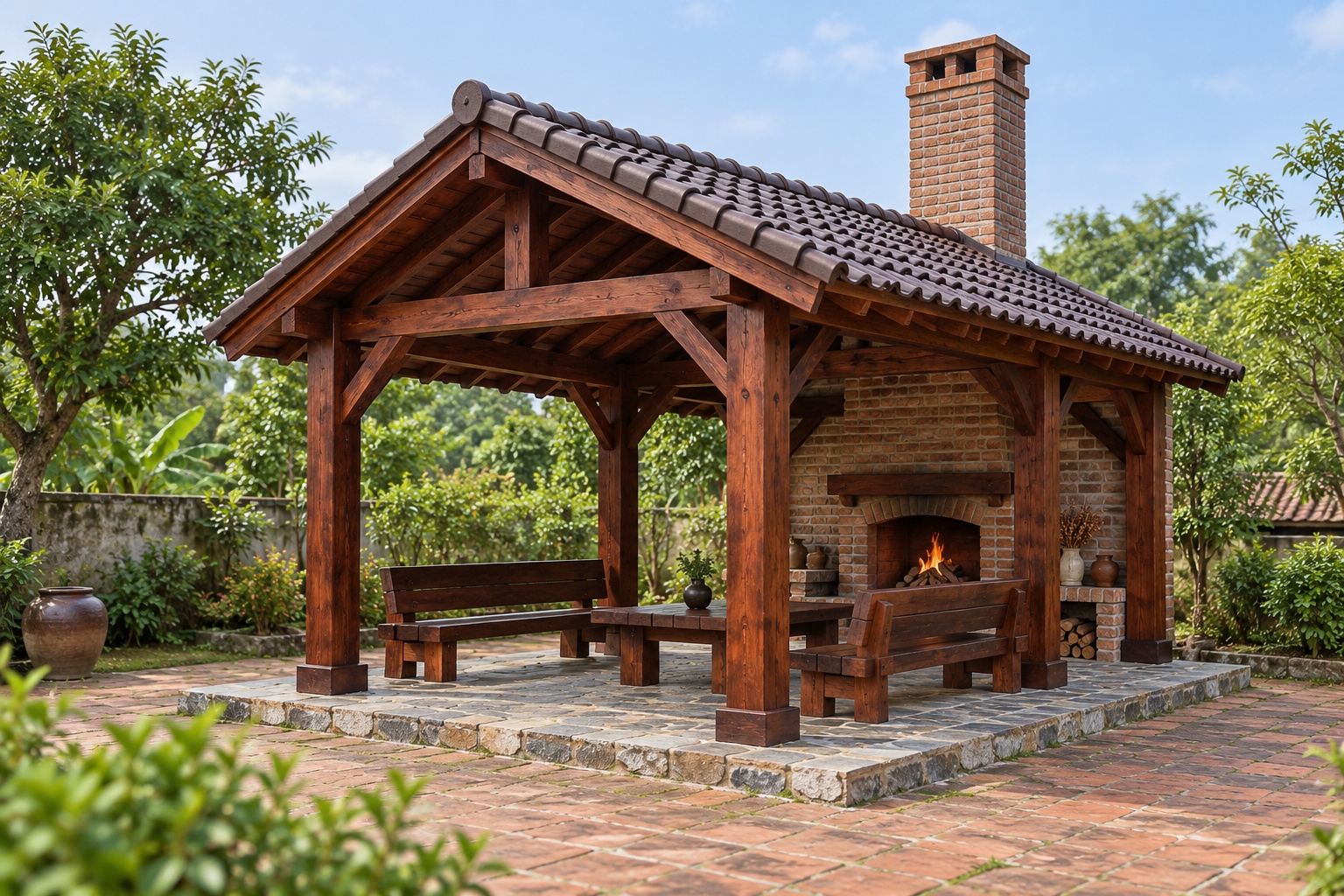 Chòi Gỗ Sân Vườn T82 - Lò Sưởi Ống Khói Gạch Một Đầu Hồi, Gỗ Thông Chòi Gỗ Sân Vườn T82 - Lò Sưởi Ống Khói Gạch Một Đầu Hồi, Gỗ Thông