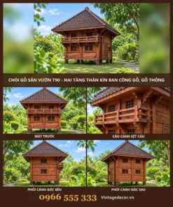 Chòi Gỗ Sân Vườn T90 - Hai Tầng Thân Kín Ban Công Gỗ, Gỗ Thông