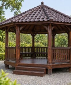Chòi Gỗ Sân Vườn T92 - Bát Giác Sàn Nâng Ghế Băng Chạy Vòng, Gỗ Thông Màu Nâu Cánh Gián