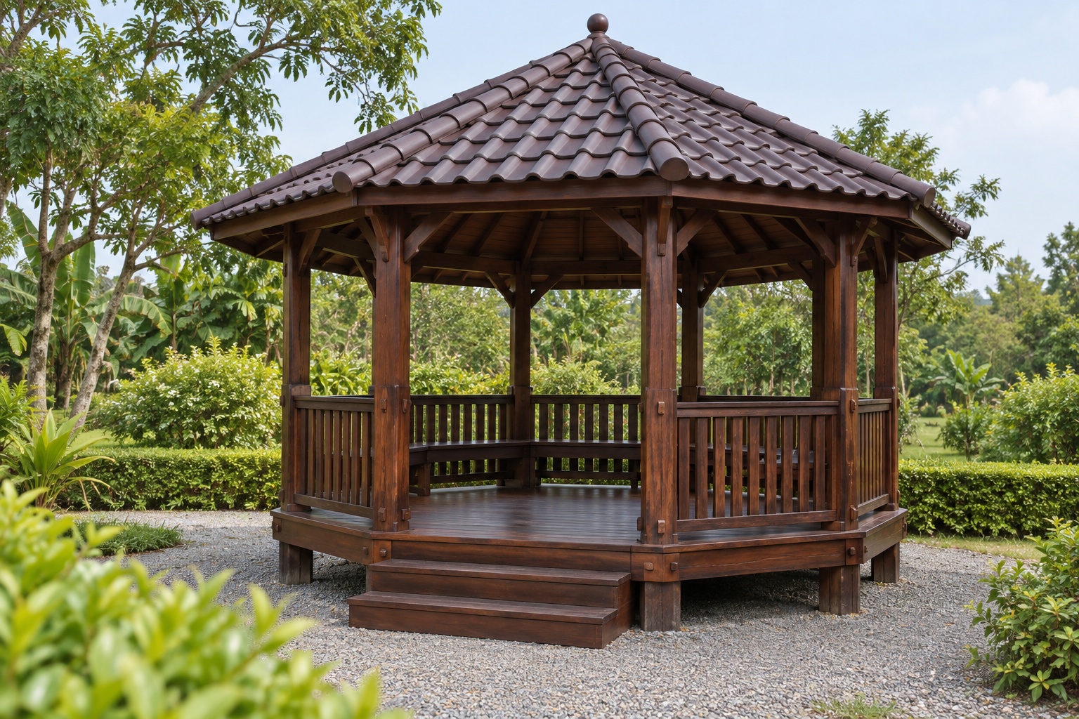 Chòi Gỗ Sân Vườn T92 - Bát Giác Sàn Nâng Ghế Băng Chạy Vòng, Gỗ Thông Màu Nâu Cánh Gián Chòi Gỗ Sân Vườn T92 - Bát Giác Sàn Nâng Ghế Băng Chạy Vòng, Gỗ Thông Màu Nâu Cánh Gián
