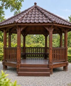 Chòi Gỗ Sân Vườn T92 - Bát Giác Sàn Nâng Ghế Băng Chạy Vòng, Gỗ Thông Màu Nâu Cánh Gián