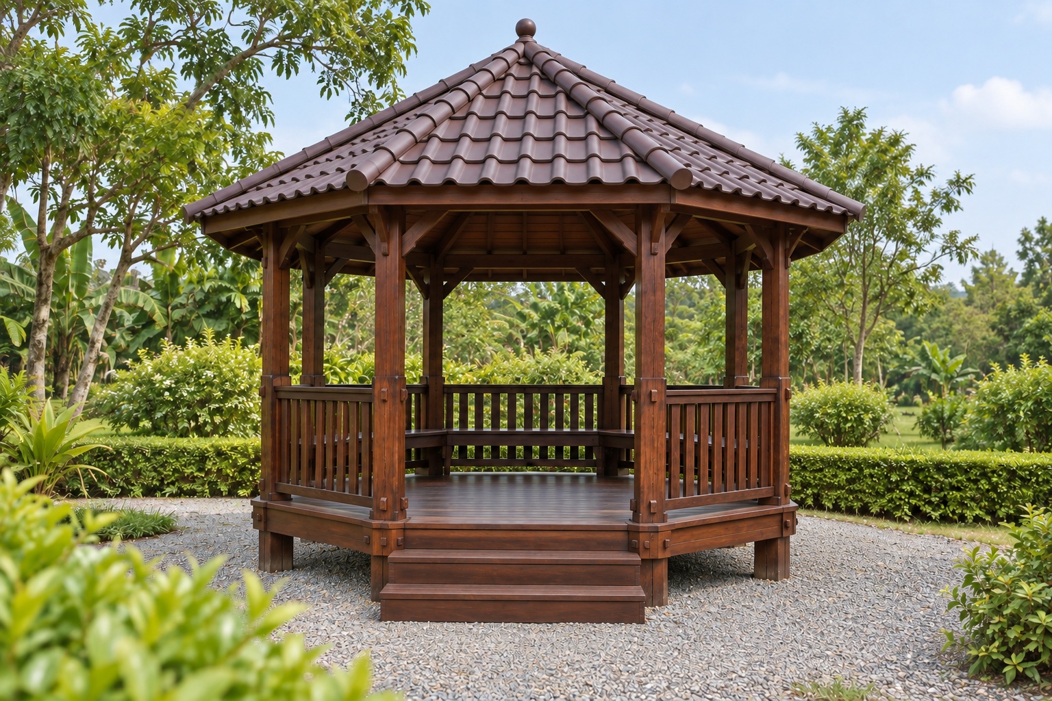 Chòi Gỗ Sân Vườn T92 - Bát Giác Sàn Nâng Ghế Băng Chạy Vòng, Gỗ Thông Màu Nâu Cánh Gián Chòi Gỗ Sân Vườn T92 - Bát Giác Sàn Nâng Ghế Băng Chạy Vòng, Gỗ Thông Màu Nâu Cánh Gián