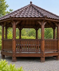 Chòi Gỗ Sân Vườn T92 - Bát Giác Sàn Nâng Ghế Băng Chạy Vòng, Gỗ Thông Màu Nâu Cánh Gián