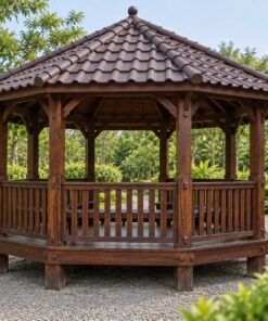 Chòi Gỗ Sân Vườn T92 - Bát Giác Sàn Nâng Ghế Băng Chạy Vòng, Gỗ Thông Màu Nâu Cánh Gián