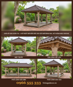 Chòi Gỗ Sân Vườn T93 - Chữ Nhật Mái Bốn Dốc Sáu Cột Ghế Băng Dọc, Gỗ Thông Màu Vintage