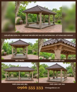 Chòi Gỗ Sân Vườn T93 - Chữ Nhật Mái Bốn Dốc Sáu Cột Ghế Băng Dọc, Gỗ Thông Màu Vintage