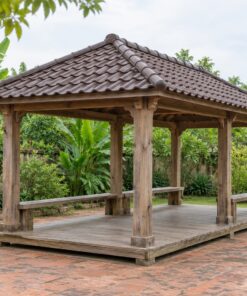 Chòi Gỗ Sân Vườn T93 - Chữ Nhật Mái Bốn Dốc Sáu Cột Ghế Băng Dọc, Gỗ Thông Màu Vintage