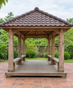 Chòi Gỗ Sân Vườn T93 - Chữ Nhật Mái Bốn Dốc Sáu Cột Ghế Băng Dọc, Gỗ Thông Màu Vintage