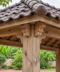 Chòi Gỗ Sân Vườn T93 - Chữ Nhật Mái Bốn Dốc Sáu Cột Ghế Băng Dọc, Gỗ Thông Màu Vintage