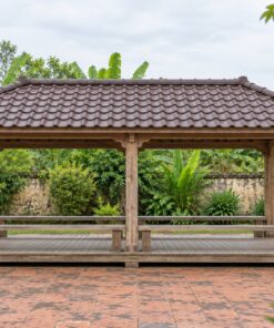 Chòi Gỗ Sân Vườn T93 - Chữ Nhật Mái Bốn Dốc Sáu Cột Ghế Băng Dọc, Gỗ Thông Màu Vintage