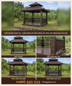 Chòi Gỗ Sân Vườn T94 - Vuông Bốn Cột Mái Chồng Hai Tầng, Gỗ Thông Màu Gỗ Cháy