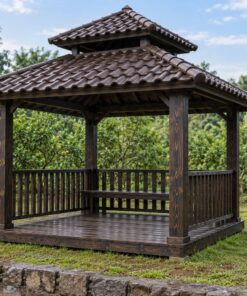 Chòi Gỗ Sân Vườn T94 - Vuông Bốn Cột Mái Chồng Hai Tầng, Gỗ Thông Màu Gỗ Cháy