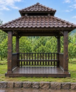 Chòi Gỗ Sân Vườn T94 - Vuông Bốn Cột Mái Chồng Hai Tầng, Gỗ Thông Màu Gỗ Cháy