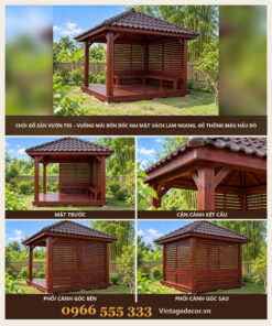 Chòi Gỗ Sân Vườn T95 - Vuông Mái Bốn Dốc Hai Mặt Vách Lam Ngang, Gỗ Thông Màu Nâu Đỏ