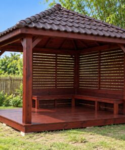 Chòi Gỗ Sân Vườn T95 - Vuông Mái Bốn Dốc Hai Mặt Vách Lam Ngang, Gỗ Thông Màu Nâu Đỏ