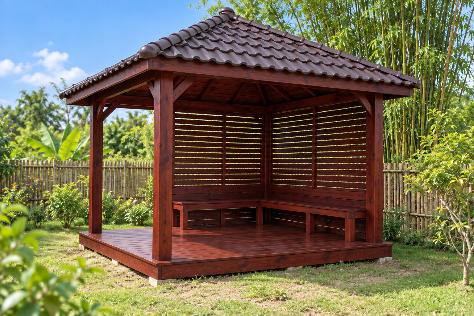Chòi Gỗ Sân Vườn T95 - Vuông Mái Bốn Dốc Hai Mặt Vách Lam Ngang, Gỗ Thông Màu Nâu Đỏ Chòi Gỗ Sân Vườn T95 - Vuông Mái Bốn Dốc Hai Mặt Vách Lam Ngang, Gỗ Thông Màu Nâu Đỏ