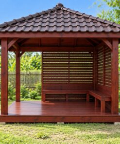 Chòi Gỗ Sân Vườn T95 - Vuông Mái Bốn Dốc Hai Mặt Vách Lam Ngang, Gỗ Thông Màu Nâu Đỏ
