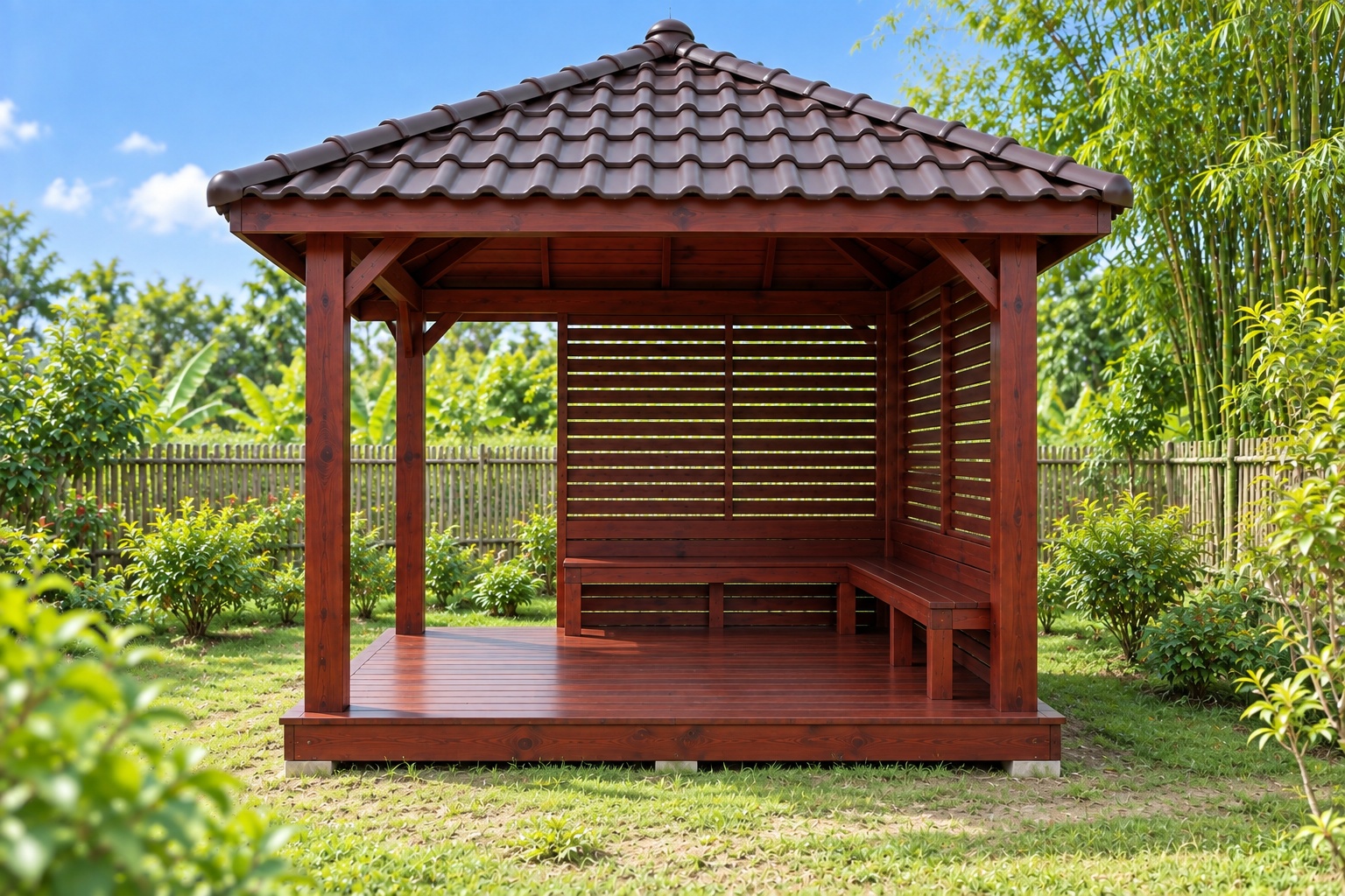 Chòi Gỗ Sân Vườn T95 - Vuông Mái Bốn Dốc Hai Mặt Vách Lam Ngang, Gỗ Thông Màu Nâu Đỏ Chòi Gỗ Sân Vườn T95 - Vuông Mái Bốn Dốc Hai Mặt Vách Lam Ngang, Gỗ Thông Màu Nâu Đỏ
