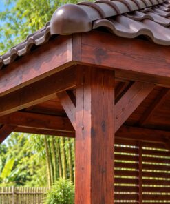 Chòi Gỗ Sân Vườn T95 - Vuông Mái Bốn Dốc Hai Mặt Vách Lam Ngang, Gỗ Thông Màu Nâu Đỏ
