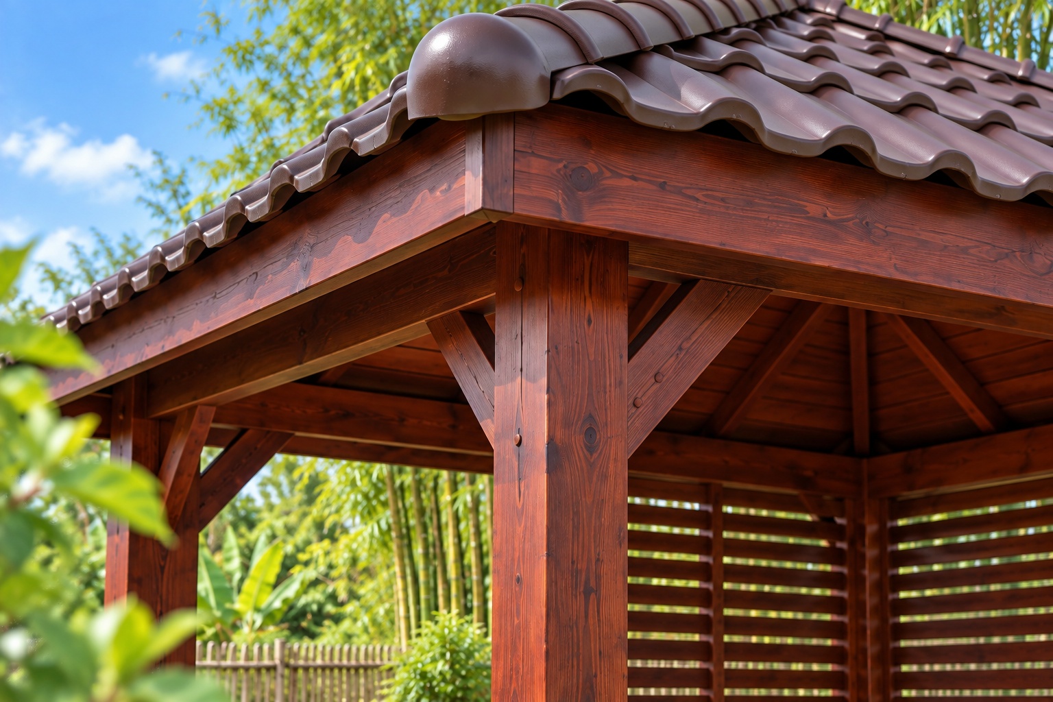 Chòi Gỗ Sân Vườn T95 - Vuông Mái Bốn Dốc Hai Mặt Vách Lam Ngang, Gỗ Thông Màu Nâu Đỏ Chòi Gỗ Sân Vườn T95 - Vuông Mái Bốn Dốc Hai Mặt Vách Lam Ngang, Gỗ Thông Màu Nâu Đỏ