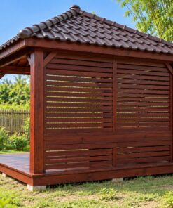 Chòi Gỗ Sân Vườn T95 - Vuông Mái Bốn Dốc Hai Mặt Vách Lam Ngang, Gỗ Thông Màu Nâu Đỏ