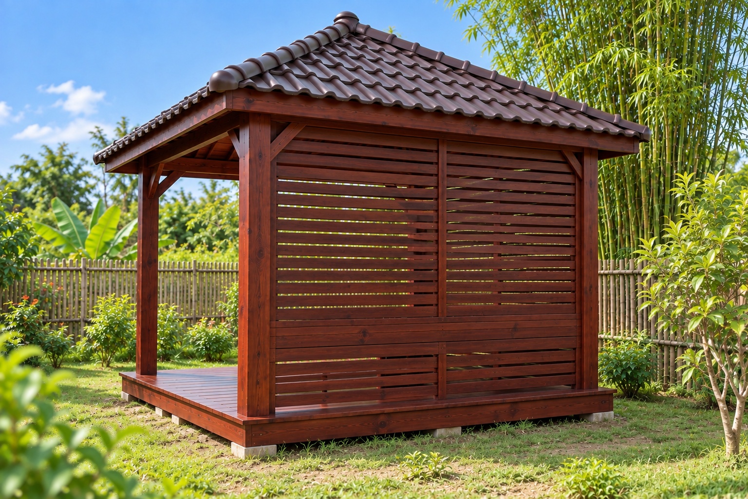 Chòi Gỗ Sân Vườn T95 - Vuông Mái Bốn Dốc Hai Mặt Vách Lam Ngang, Gỗ Thông Màu Nâu Đỏ Chòi Gỗ Sân Vườn T95 - Vuông Mái Bốn Dốc Hai Mặt Vách Lam Ngang, Gỗ Thông Màu Nâu Đỏ