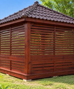 Chòi Gỗ Sân Vườn T95 - Vuông Mái Bốn Dốc Hai Mặt Vách Lam Ngang, Gỗ Thông Màu Nâu Đỏ