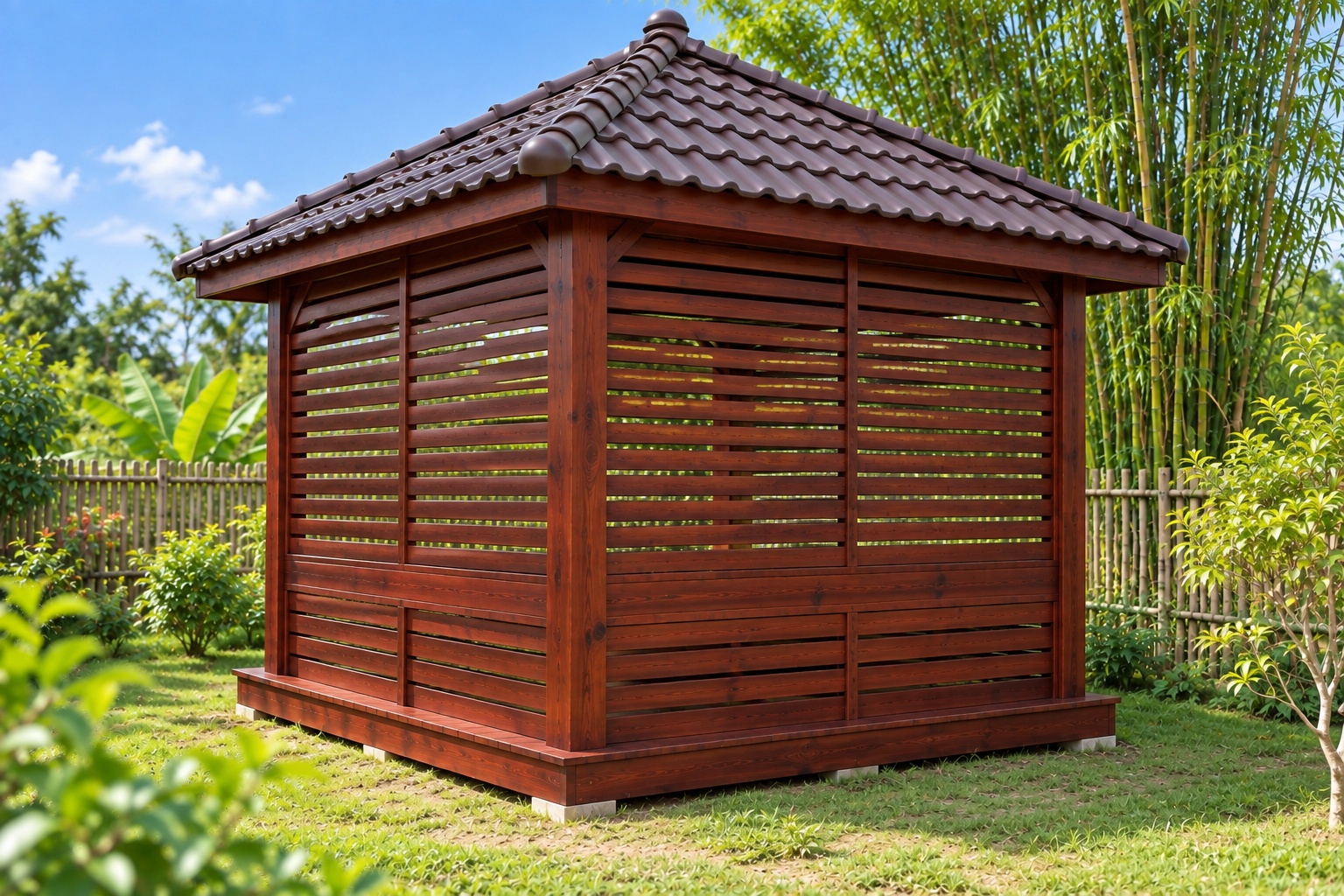 Chòi Gỗ Sân Vườn T95 - Vuông Mái Bốn Dốc Hai Mặt Vách Lam Ngang, Gỗ Thông Màu Nâu Đỏ Chòi Gỗ Sân Vườn T95 - Vuông Mái Bốn Dốc Hai Mặt Vách Lam Ngang, Gỗ Thông Màu Nâu Đỏ