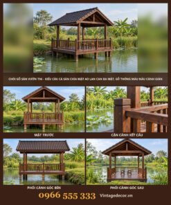 Chòi Gỗ Sân Vườn T96 - Kiểu Câu Cá Sàn Chìa Mặt Ao Lan Can Ba Mặt, Gỗ Thông Màu Nâu Cánh Gián