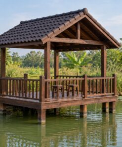 Chòi Gỗ Sân Vườn T96 - Kiểu Câu Cá Sàn Chìa Mặt Ao Lan Can Ba Mặt, Gỗ Thông Màu Nâu Cánh Gián