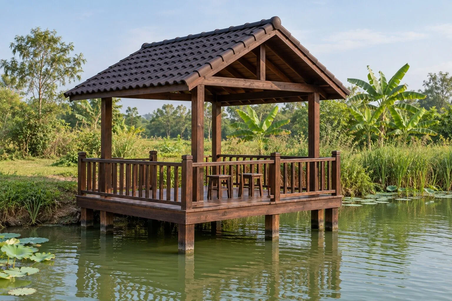 Chòi gỗ màu nâu cánh gián dựng trên cột chìa ra mặt ao, lan can quanh sàn, mái dốc lợp ngói