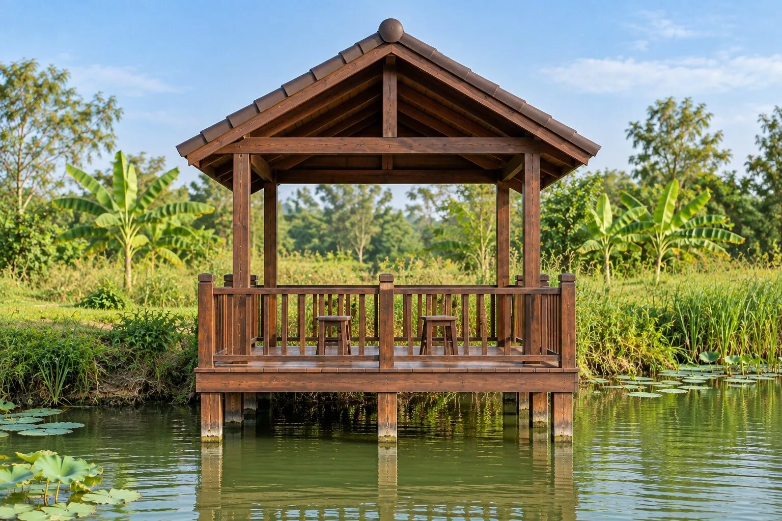 Chòi T96 nhìn từ mặt ao: hàng cột gỗ đứng trong nước đỡ sàn, lan can song đứng, hai ghế đẩu bên trong