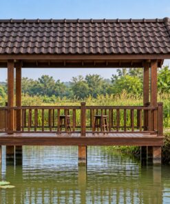 Chòi Gỗ Sân Vườn T96 - Kiểu Câu Cá Sàn Chìa Mặt Ao Lan Can Ba Mặt, Gỗ Thông Màu Nâu Cánh Gián
