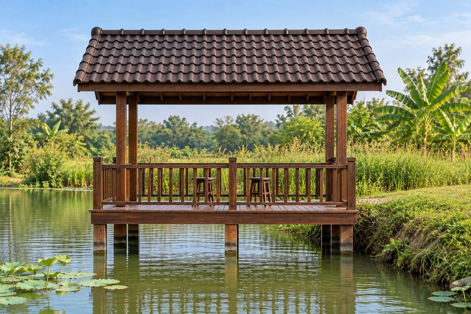 Chòi gỗ T96 nhìn mặt bên: sàn chìa ra mặt ao trên hàng cột, mép sau gác lên bờ cỏ, mái ngói hai dốc
