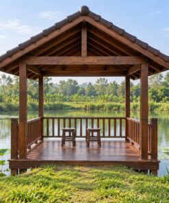 Chòi Gỗ Sân Vườn T96 - Kiểu Câu Cá Sàn Chìa Mặt Ao Lan Can Ba Mặt, Gỗ Thông Màu Nâu Cánh Gián