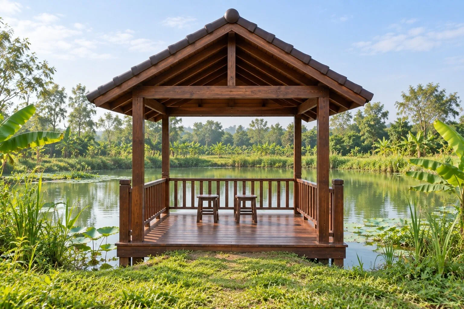 Chòi T96 nhìn từ bờ, cạnh trước để trống làm lối vào, hai ghế đẩu trên sàn ván, mặt ao phía sau