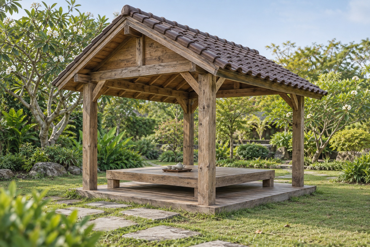 Chòi Gỗ Sân Vườn T97 - Vuông Mái Hai Dốc Phản Gỗ Ngồi Bệt Ở Giữa, Gỗ Thông Màu Vintage Chòi Gỗ Sân Vườn T97 - Vuông Mái Hai Dốc Phản Gỗ Ngồi Bệt Ở Giữa, Gỗ Thông Màu Vintage