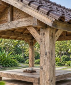 Chòi Gỗ Sân Vườn T97 - Vuông Mái Hai Dốc Phản Gỗ Ngồi Bệt Ở Giữa, Gỗ Thông Màu Vintage