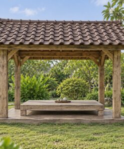 Chòi Gỗ Sân Vườn T97 - Vuông Mái Hai Dốc Phản Gỗ Ngồi Bệt Ở Giữa, Gỗ Thông Màu Vintage