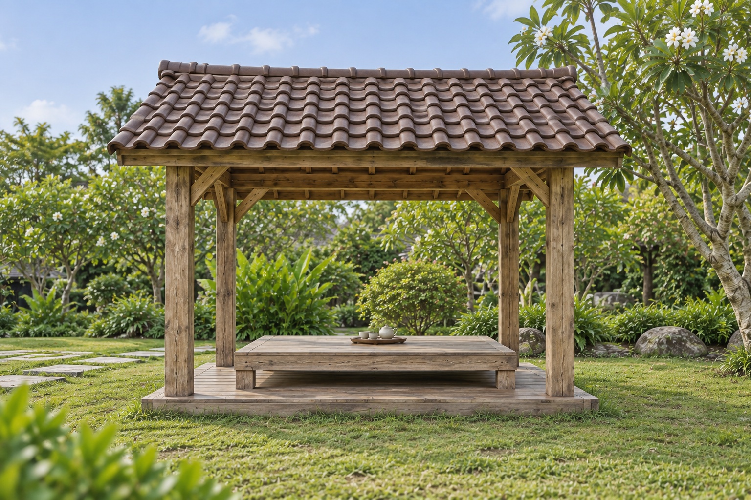 Chòi Gỗ Sân Vườn T97 - Vuông Mái Hai Dốc Phản Gỗ Ngồi Bệt Ở Giữa, Gỗ Thông Màu Vintage Chòi Gỗ Sân Vườn T97 - Vuông Mái Hai Dốc Phản Gỗ Ngồi Bệt Ở Giữa, Gỗ Thông Màu Vintage