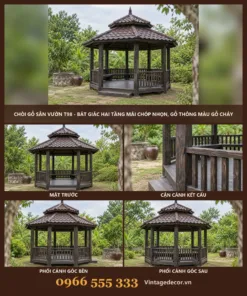 Chòi Gỗ Sân Vườn T98 - Bát Giác Hai Tầng Mái Chóp Nhọn, Gỗ Thông Màu Gỗ Cháy