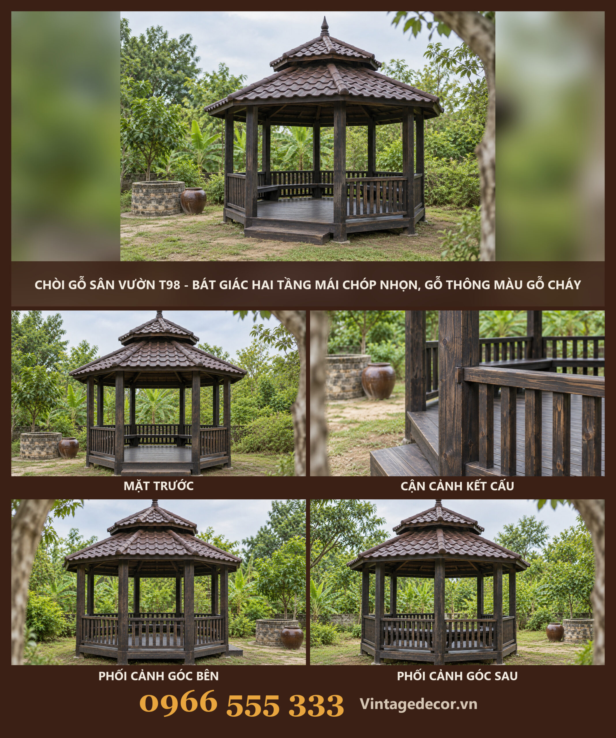 Chòi Gỗ Sân Vườn T98 - Bát Giác Hai Tầng Mái Chóp Nhọn, Gỗ Thông Màu Gỗ Cháy Chòi Gỗ Sân Vườn T98 - Bát Giác Hai Tầng Mái Chóp Nhọn, Gỗ Thông Màu Gỗ Cháy