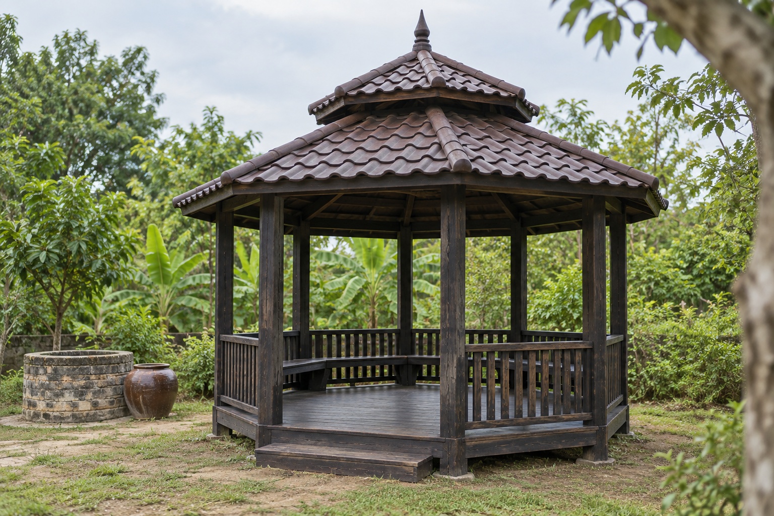 Chòi Gỗ Sân Vườn T98 - Bát Giác Hai Tầng Mái Chóp Nhọn, Gỗ Thông Màu Gỗ Cháy Chòi Gỗ Sân Vườn T98 - Bát Giác Hai Tầng Mái Chóp Nhọn, Gỗ Thông Màu Gỗ Cháy