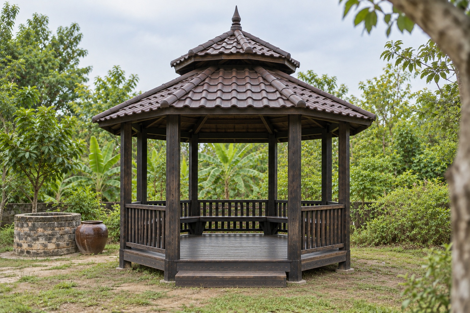 Chòi Gỗ Sân Vườn T98 - Bát Giác Hai Tầng Mái Chóp Nhọn, Gỗ Thông Màu Gỗ Cháy Chòi Gỗ Sân Vườn T98 - Bát Giác Hai Tầng Mái Chóp Nhọn, Gỗ Thông Màu Gỗ Cháy