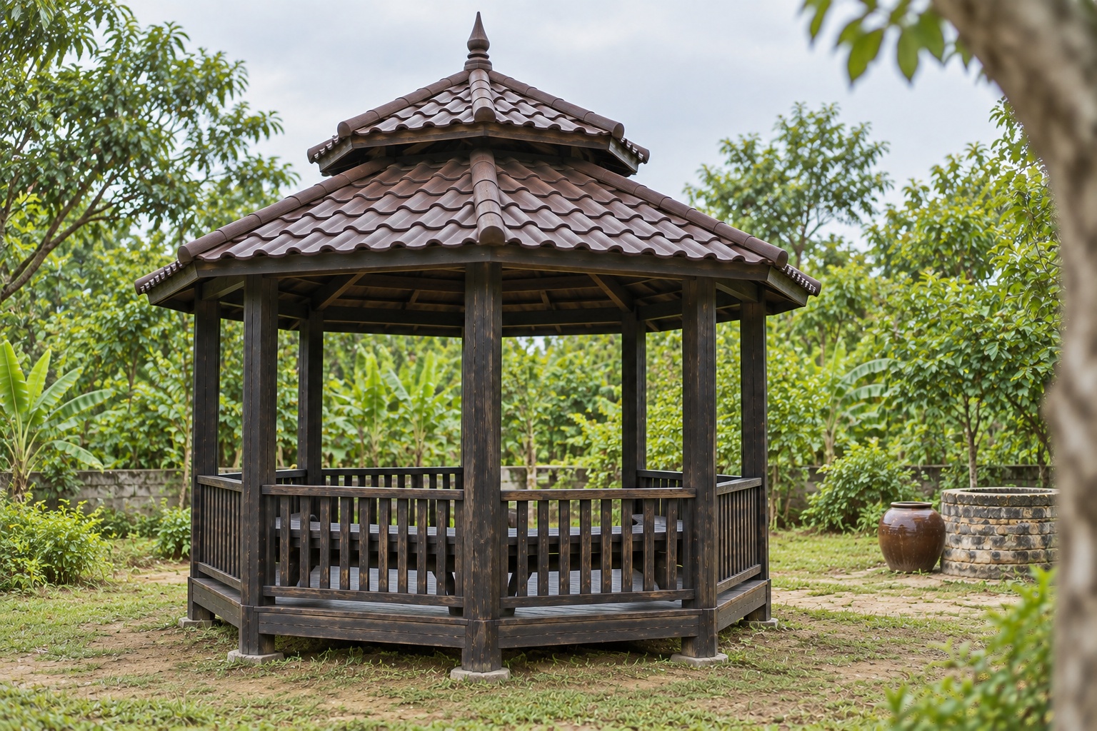 Chòi Gỗ Sân Vườn T98 - Bát Giác Hai Tầng Mái Chóp Nhọn, Gỗ Thông Màu Gỗ Cháy Chòi Gỗ Sân Vườn T98 - Bát Giác Hai Tầng Mái Chóp Nhọn, Gỗ Thông Màu Gỗ Cháy