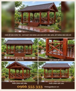 Chòi Gỗ Sân Vườn T99 - Chữ Nhật Sàn Nâng Lan Can Chữ X Bậc Giữa, Gỗ Thông Màu Nâu Đỏ