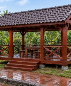 Chòi Gỗ Sân Vườn T99 - Chữ Nhật Sàn Nâng Lan Can Chữ X Bậc Giữa, Gỗ Thông Màu Nâu Đỏ