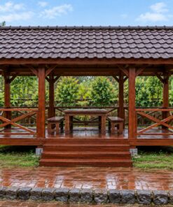 Chòi Gỗ Sân Vườn T99 - Chữ Nhật Sàn Nâng Lan Can Chữ X Bậc Giữa, Gỗ Thông Màu Nâu Đỏ