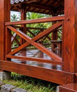 Chòi Gỗ Sân Vườn T99 - Chữ Nhật Sàn Nâng Lan Can Chữ X Bậc Giữa, Gỗ Thông Màu Nâu Đỏ