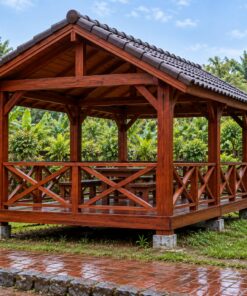 Chòi Gỗ Sân Vườn T99 - Chữ Nhật Sàn Nâng Lan Can Chữ X Bậc Giữa, Gỗ Thông Màu Nâu Đỏ